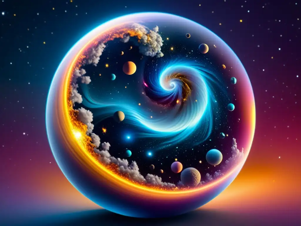 Una ilustración digital detallada en 8k de un universo en miniatura con galaxias, nebulosas y estrellas brillantes, contenido en una esfera transparente
