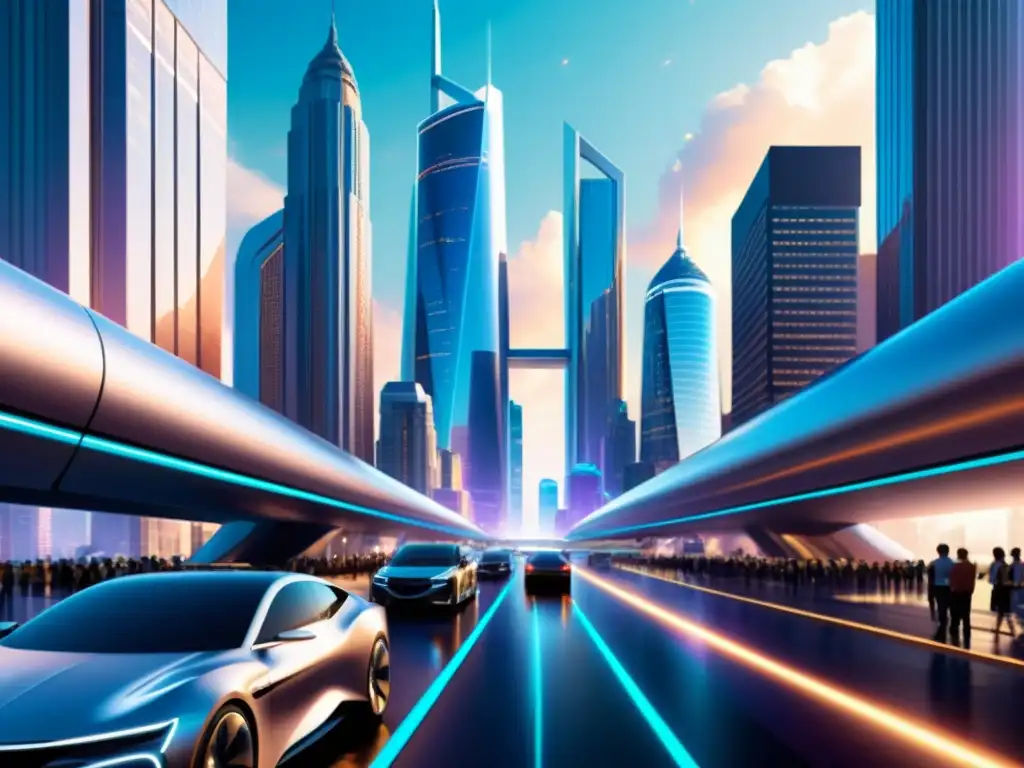 Portal futurista: ciudad interdimensional Una ilustración digital hiperrealista muestra una ciudad futurista con un imponente portal interdimensional, integrando tecnología de manera asombrosa