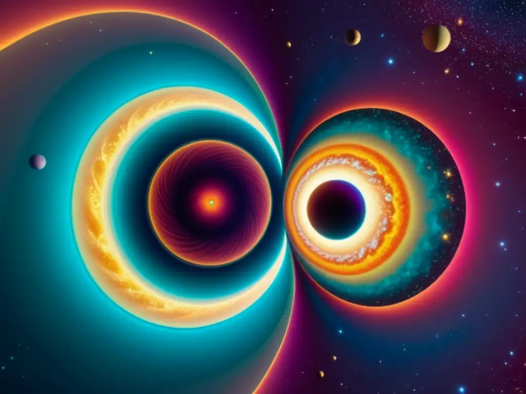 Una ilustración digital impresionante en 8k detalla dos universos paralelos colisionando, con un vórtice cósmico de colores vibrantes y energía