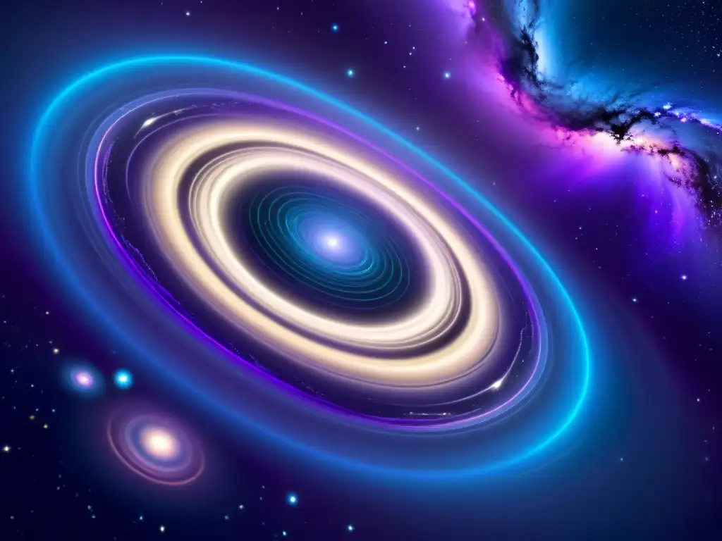Exploración cósmica: Naves y galaxias en wormholes Una ilustración digital de un paisaje cósmico vasto y tumultuoso, con galaxias distantes conectadas por agujeros de gusano luminosos