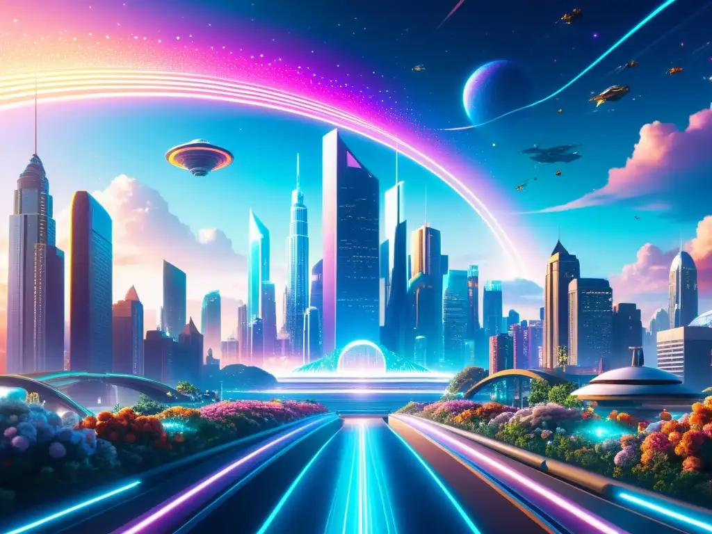 Fantástica ciudad futurista en un universo paralelo Una ilustración digital de un paisaje urbano futurista en un mundo paralelo, con rascacielos cristalinos, naves y una atmósfera luminiscente