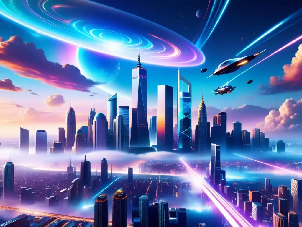 Metrópolis futurista: Hologramas y nebulosas en 8k Imagen de una ciudad futurista con hologramas y vehículos voladores, evocando la simulación computacional de vidas paralelas