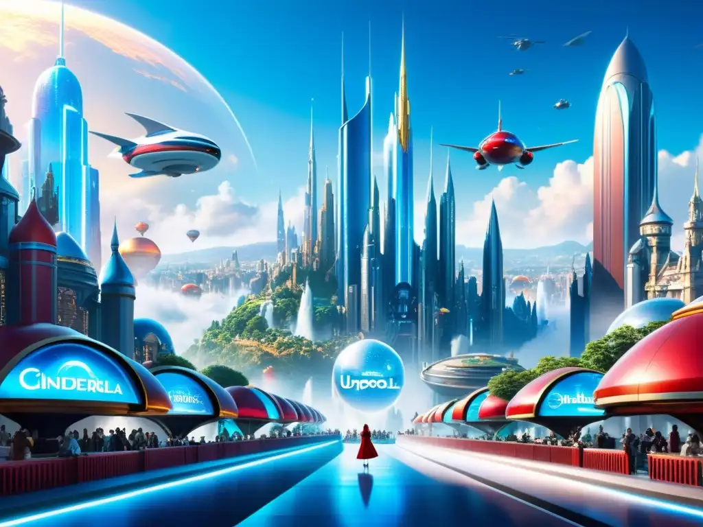 Metropolis futurista: hologramas de cuentos clásicos y portales mágicos En la imagen, una ciudad futurista muestra rascacielos con hologramas de personajes de cuentos de hadas clásicos