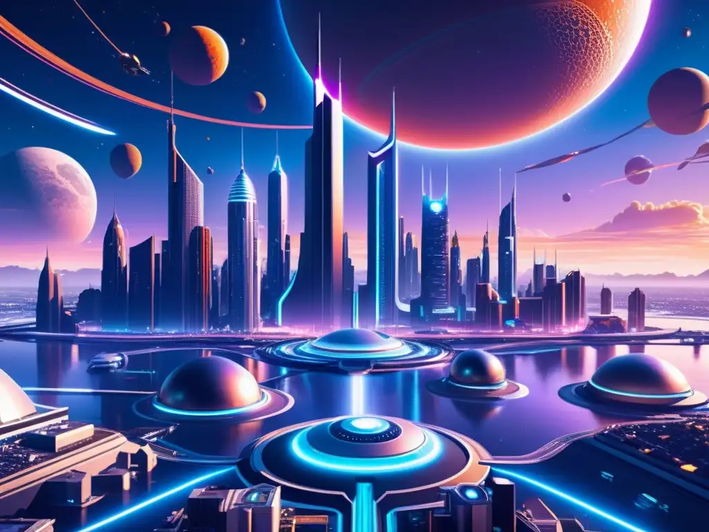 Imagen 8k de una ciudad futurista con rascacielos, vehículos voladores y cielos interdimensionales