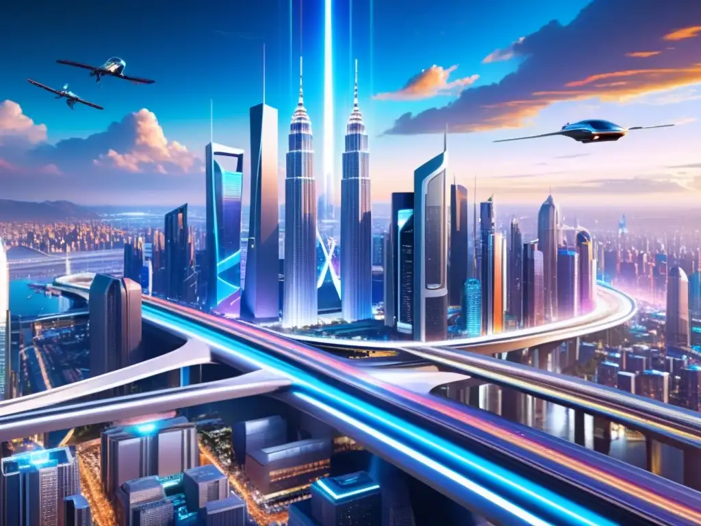 Metrópolis futurista: holograma de ciudad avanzada En la imagen, una ciudad futurista con rascacielos, autos voladores y tecnología avanzada