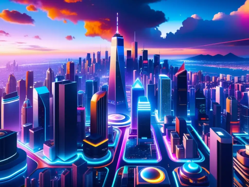 Imagen 8k detallada de una ciudad futurista en universos paralelos en la realidad virtual, con rascacielos neón y tráfico aéreo