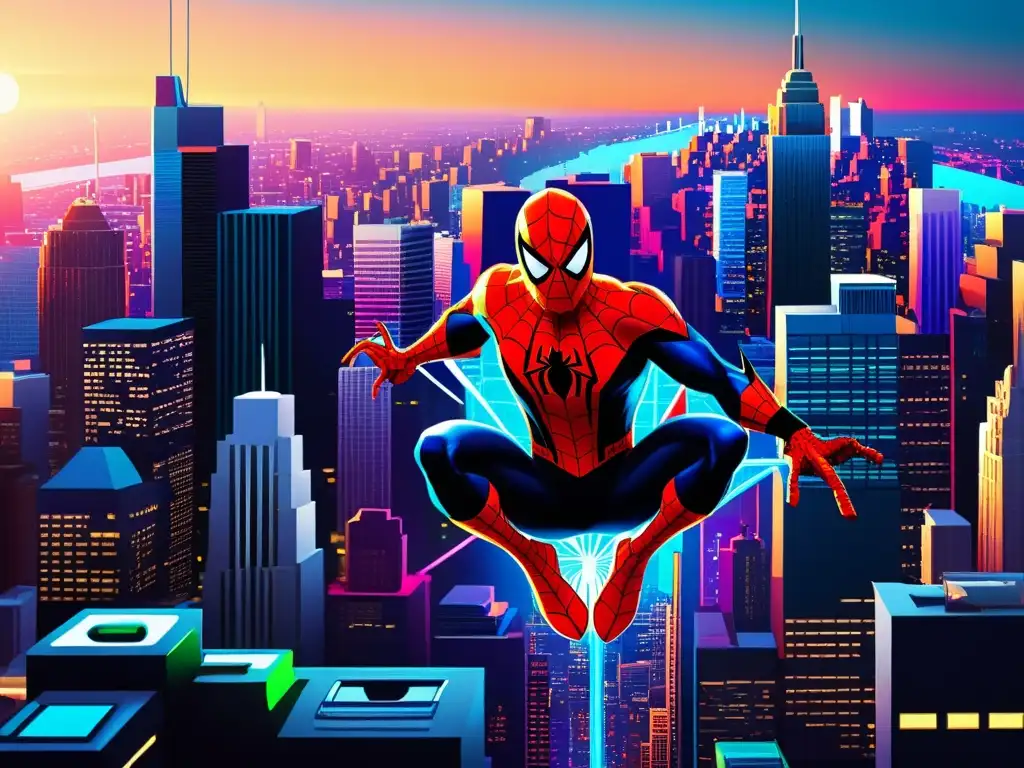 SpiderMan: Multiverso en la ciudad futurista Imagen detallada de SpiderMan en distintos estilos artísticos, representando la Convergencia de Multiversos en Animación