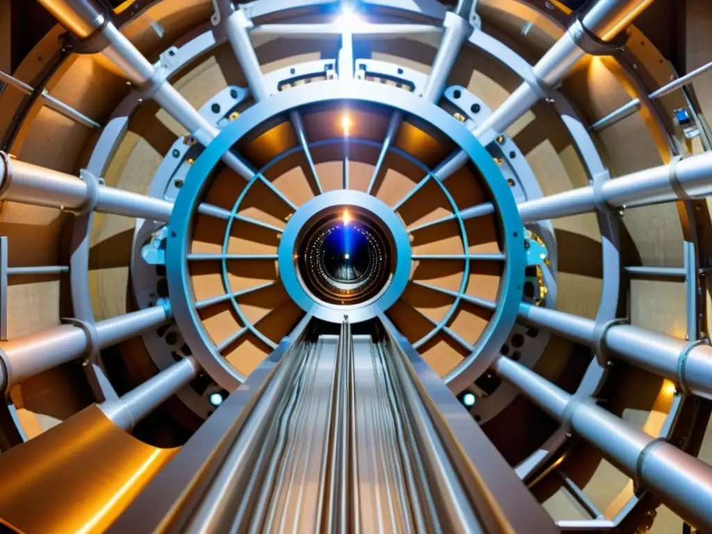 Colisionador de Hadrones: Explorando Dimensiones Imagen detallada del Gran Colisionador de Hadrones (LHC) en un paisaje futurista y misterioso, con la búsqueda de dimensiones extras LHC