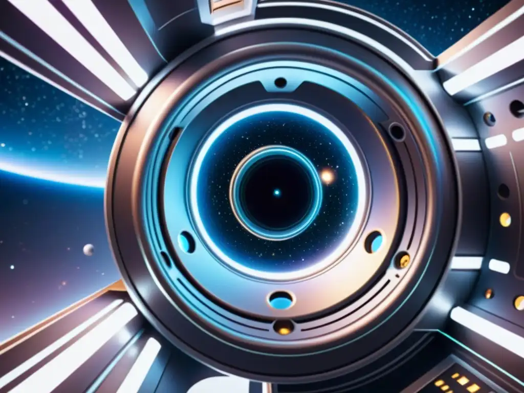 Estación espacial futurista con wormholes iridiscentes en 8k Imagen 8k de una estación espacial futurista con agujeros de gusano iridiscentes, mostrando el entrelazamiento cuántico y la maravilla del espacio