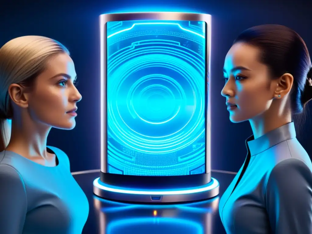 Dispositivo de Comunicación Futurista con Conexión Intertemporal Imagen futurista de dispositivo de comunicación intertemporal universos paralelos, con hologramas azules y energía etérea