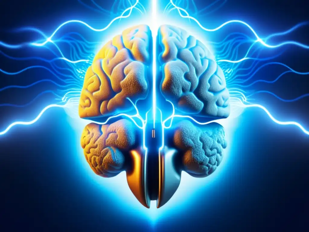 Exploración Interdimensional del Cerebro Imagen impactante de un cerebro humano iluminado por ondas eléctricas azules, rodeado de redes neurales