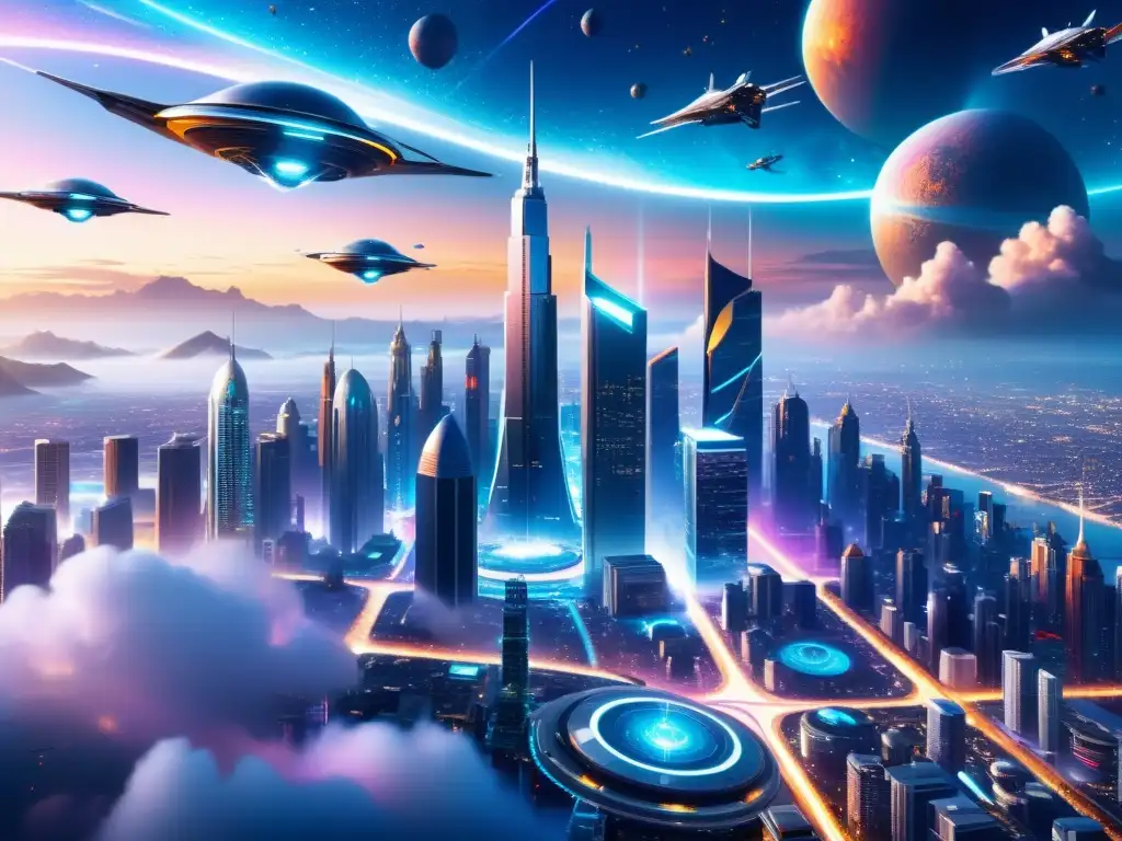Metrópolis futurista: universos paralelos y tecnología avanzada Imagen impactante de una ciudad futurista en 8k ultradetallada, con rascacielos imponentes, vehículos voladores y pantallas holográficas