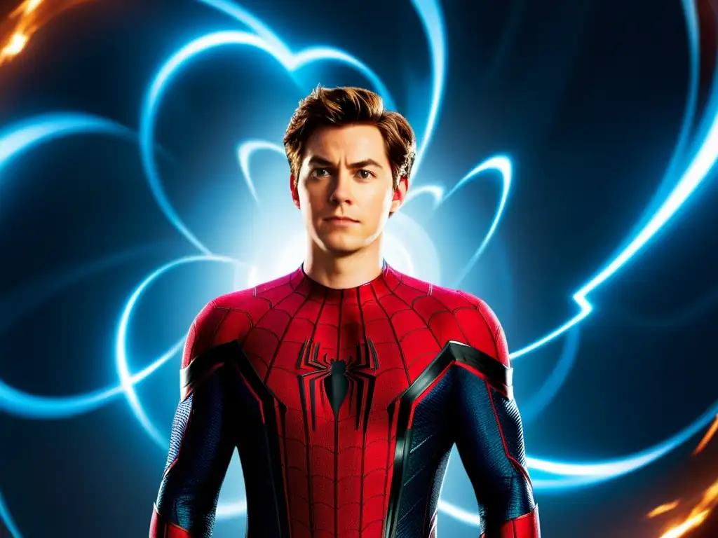 Spider-Man enfrenta el multiverso: imagen impactante y dinámica Imagen impactante de Peter Parker en el Multiverso Marvel, desafiando el caos en un vórtice dinámico y colorido