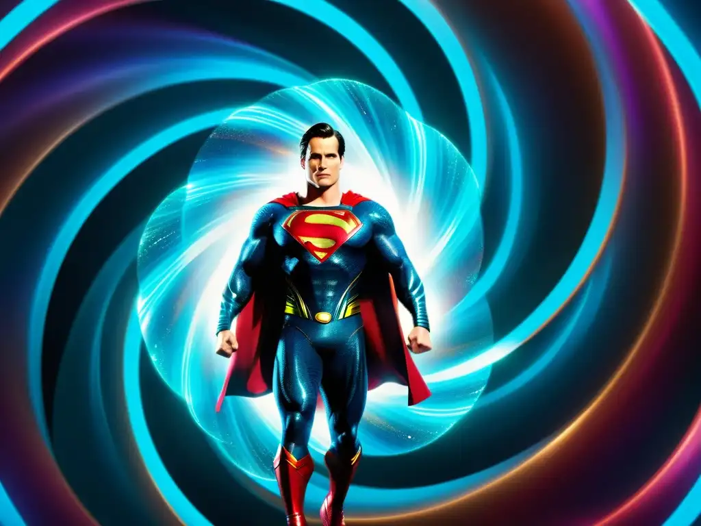Imagen impactante de Superman frente a un vórtice de energía iridiscente con múltiples versiones suyas de universos alternos