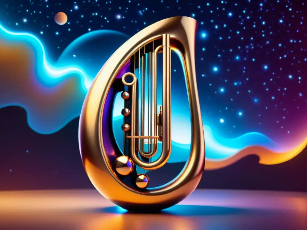 Instrumento musical futurista en un universo iridiscente Imagen de instrumento innovador en universos paralelos, fusionando tecnología avanzada y misticismo antiguo, con energías otros mundos