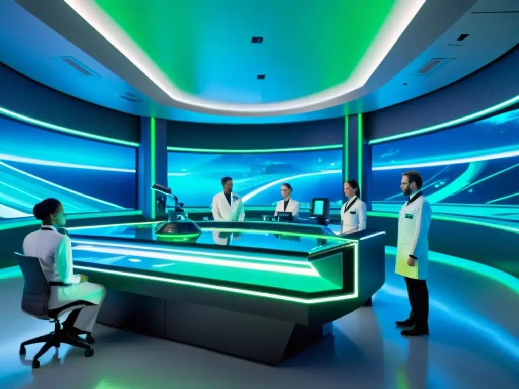 Lab Vulcan: Ciencia futurista y colaborativa Imagen de un laboratorio futurista con científicos vestidos con uniformes inspirados en Vulcano, realizando experimentos con tecnología avanzada