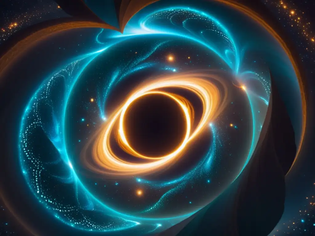 Portales Cósmicos: Belleza Misteriosa Imagen de dos portales entrelazados brillando en el vacío cósmico, con energía luminosa entre ellos y estrellas distantes