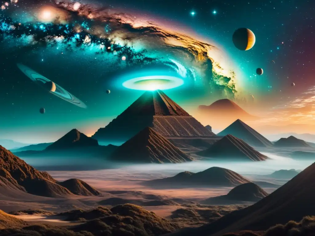 Exploración Interdimensional: Paisaje Alienígena Imagen surrealista de paisaje alienígena con estructuras luminosas y galaxias girando, evocando una conexión interdimensional en Jodorowsky