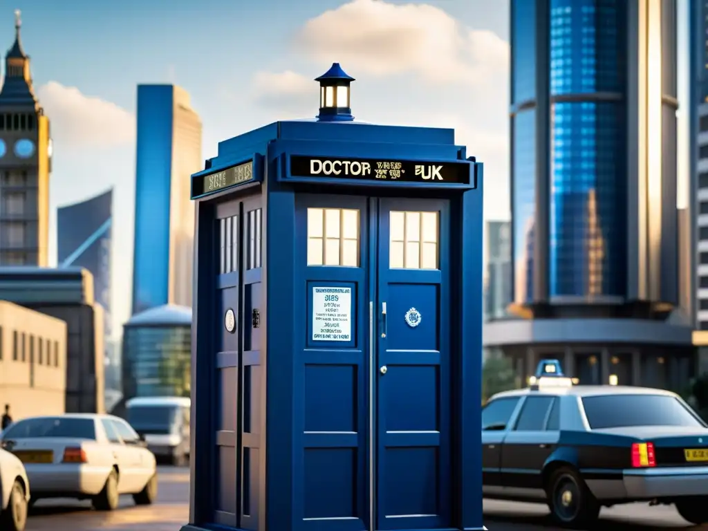 El TARDIS en la ciudad del futuro: un retrato de viaje en el tiempo Imagen de la TARDIS en una ciudad futurista, destacando su diseño clásico