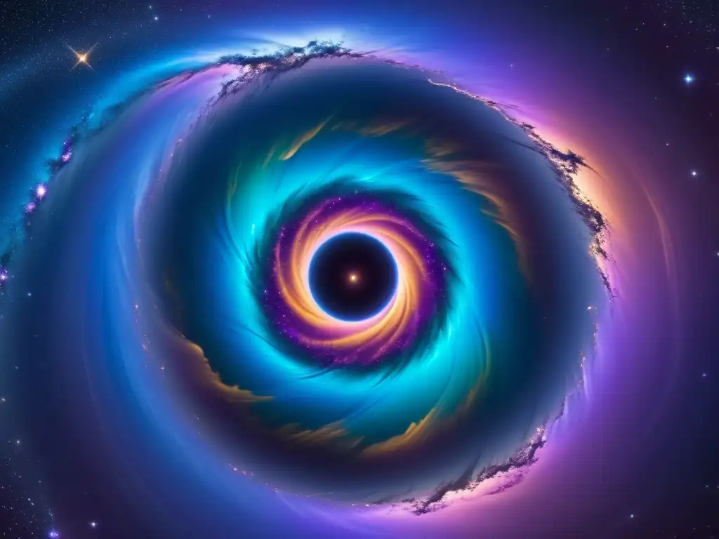 Vórtice iridiscente: Viaje cósmico a través de un agujero de gusano Imagen ultradetallada de un agujero de gusano iridiscente en un cosmos estrellado, con energía pulsante y partículas exóticas