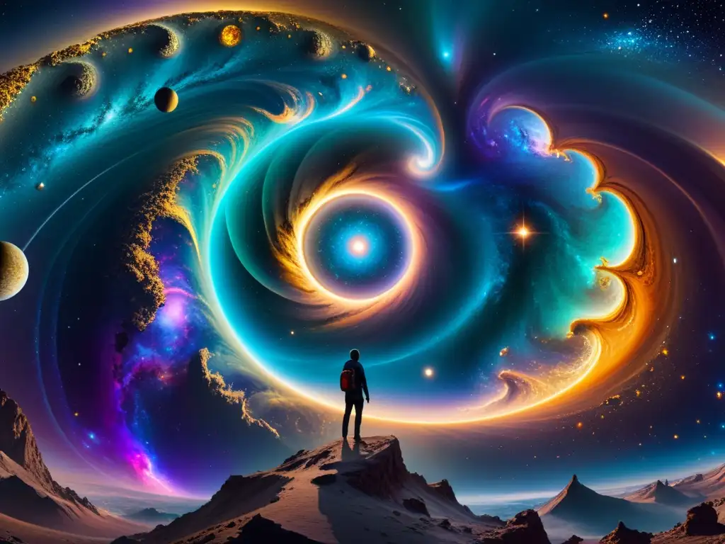 Reloj Cósmico: Múltiples Universos en 8k Imagen 8k de un vasto paisaje cósmico con universos entrelazados, galaxias y nebulosas iridiscentes