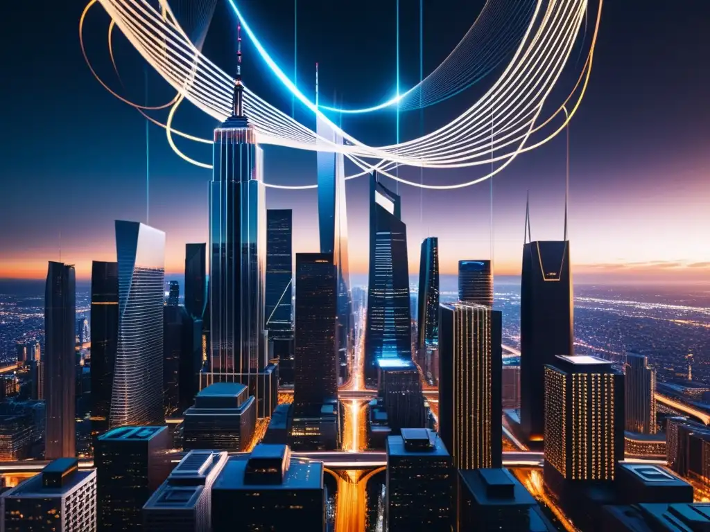 Imponente ciudad futurista con cuerdas brillantes que revelan realidades alternativas