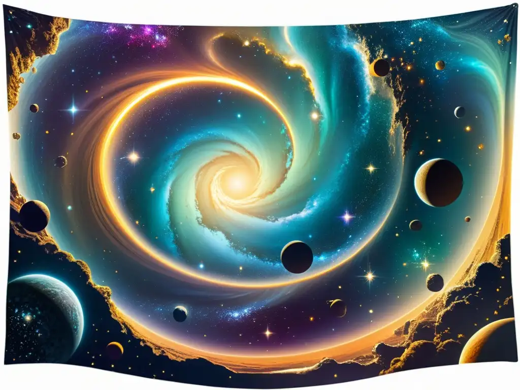 Portales cósmicos: un viaje entre universos Un impresionante cosmos se despliega ante el espectador, lleno de galaxias y portales interconectados, emanando un brillo misterioso y maravilloso