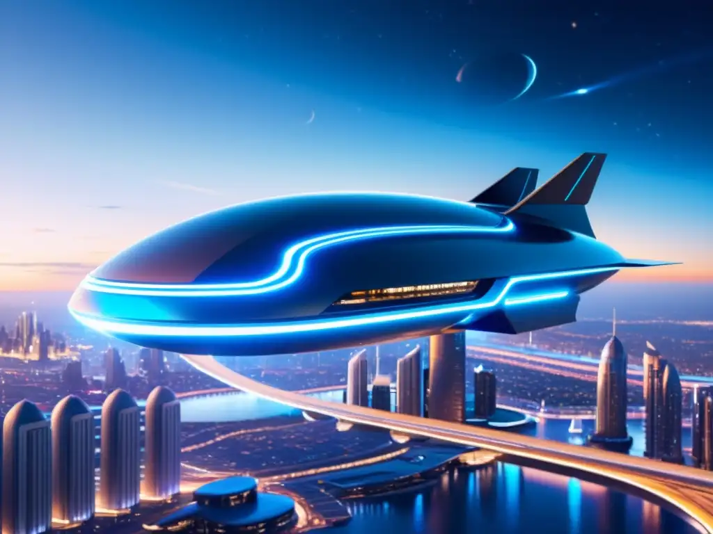 Nave espacial futurista sobre ciudad vibrante: exploración interdimensional Un impresionante y futurista buque espacial con líneas elegantes y sistemas de propulsión azul brillante, flotando sobre una ciudad bulliciosa con arquitectura moderna y futurista
