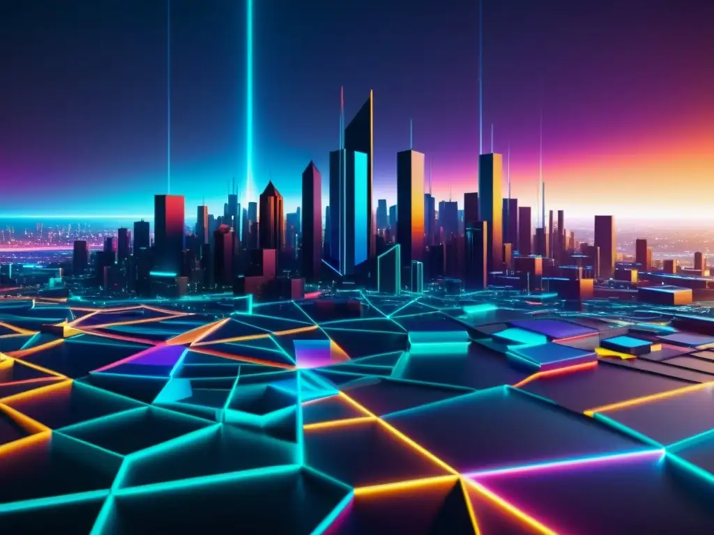 Red Geometría Futurista en 8k Una impresionante red de formas geométricas multicolores resplandecientes, evocando una ciudad futurista en el vacío