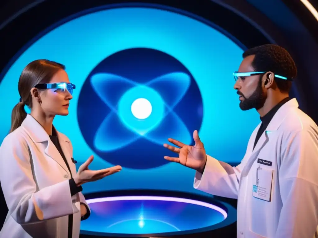 Exploración científica en el planeta Vulcano Influencia Vulcana en comunidad científica: Científicos estudian holograma del planeta, expresando curiosidad y determinación, con vista al espacio
