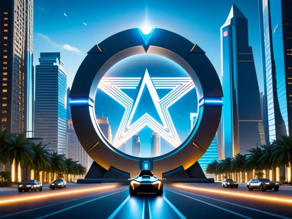 Portal Estelar: Exploración Interdimensional en la Ciudad Futurista Influencia de Stargate en viajes interdimensionales: Un majestuoso Stargate brilla en el centro de una bulliciosa ciudad futurista, rodeado de rascacielos y vehículos avanzados, mientras un equipo de exploradores se prepara para una travesía interdimensional llena de determinación y as