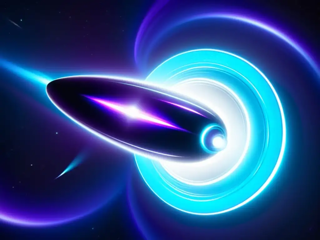Nave espacial futurista cerca de un hipnótico agujero de gusano Exploración interdimensional agujeros gusano: Nave espacial futurista cerca de un hipnótico agujero de gusano azul y morado en el espacio estrellado