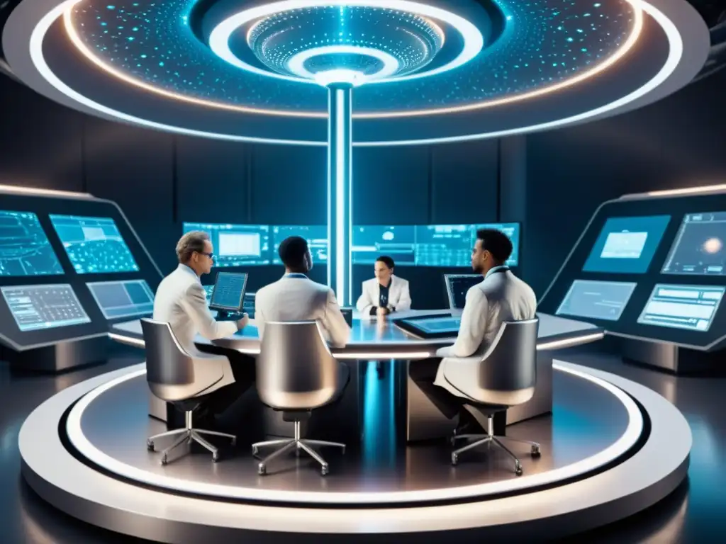 Exploración Científica Avanzada en Laboratorio Futurista Investigadores en laboratorio de alta tecnología con influencia Vulcana en comunidad científica