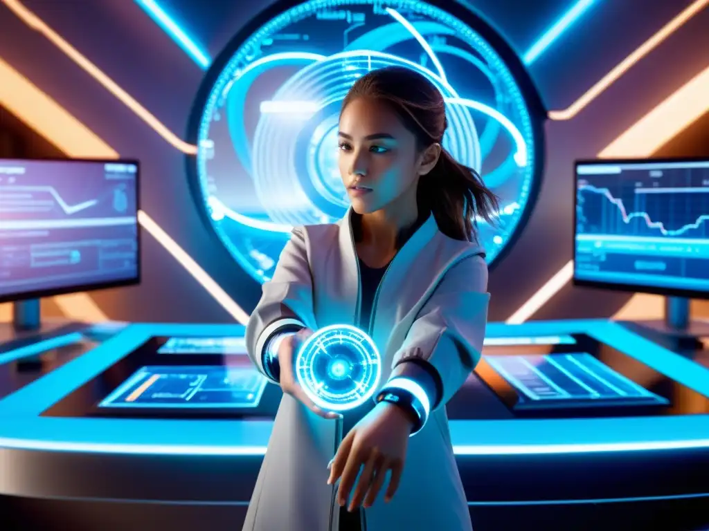 Salto interdimensional en laboratorio futurista Una joven en un laboratorio futurista, saltando a través de un portal brillante, rodeada de energía