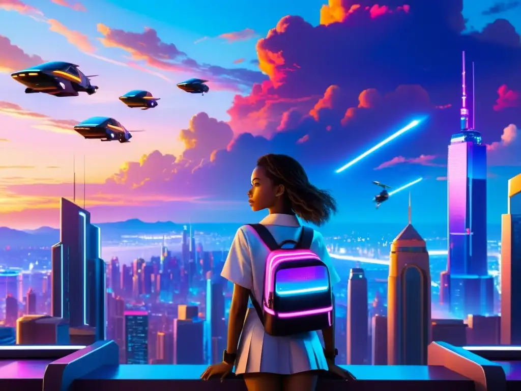 Metrópolis futurista al atardecer: la determinación de una joven Una joven admira la responsabilidad temporal en una futurista ciudad japonesa, con rascacielos, autos voladores y luces de neón