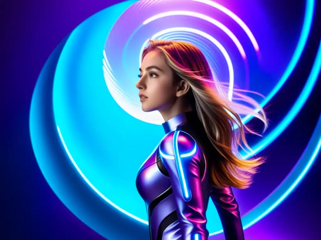 Salto hacia lo desconocido: chica en traje futurista frente a un vórtice Joven con traje futurista frente a un vórtice de luz, mostrando determinación y temor