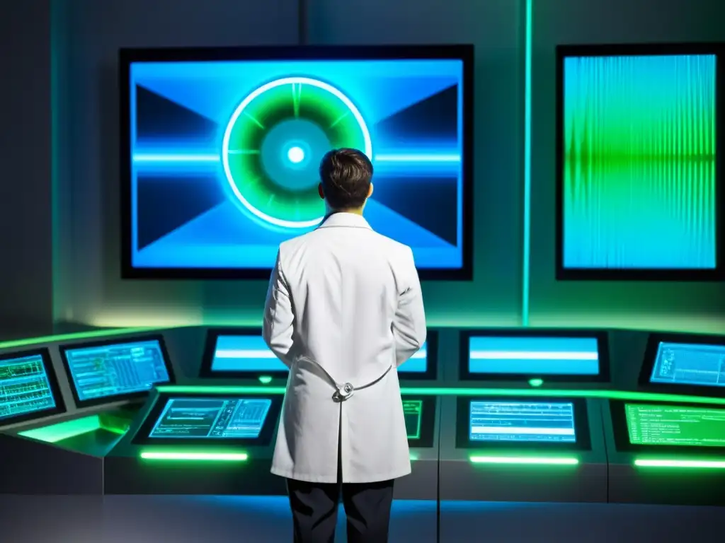 Dispositivo de viaje temporal: tecnología vanguardista En un laboratorio futurista, un científico ajusta un intrincado dispositivo de viajes temporales con luces azules y verdes
