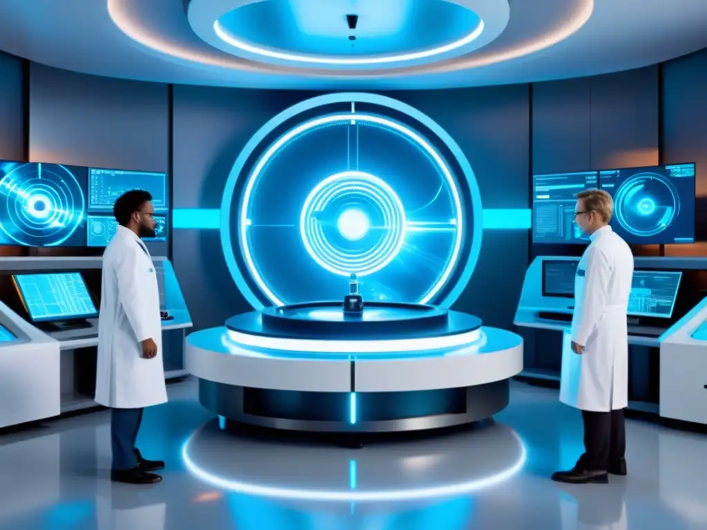 Máquina del tiempo futurista en laboratorio de alta tecnología Un laboratorio futurista con científicos analizando datos en pantallas holográficas mientras una máquina del tiempo brilla con energía, generando anticipación y consecuencias éticas de viajes temporales caseros