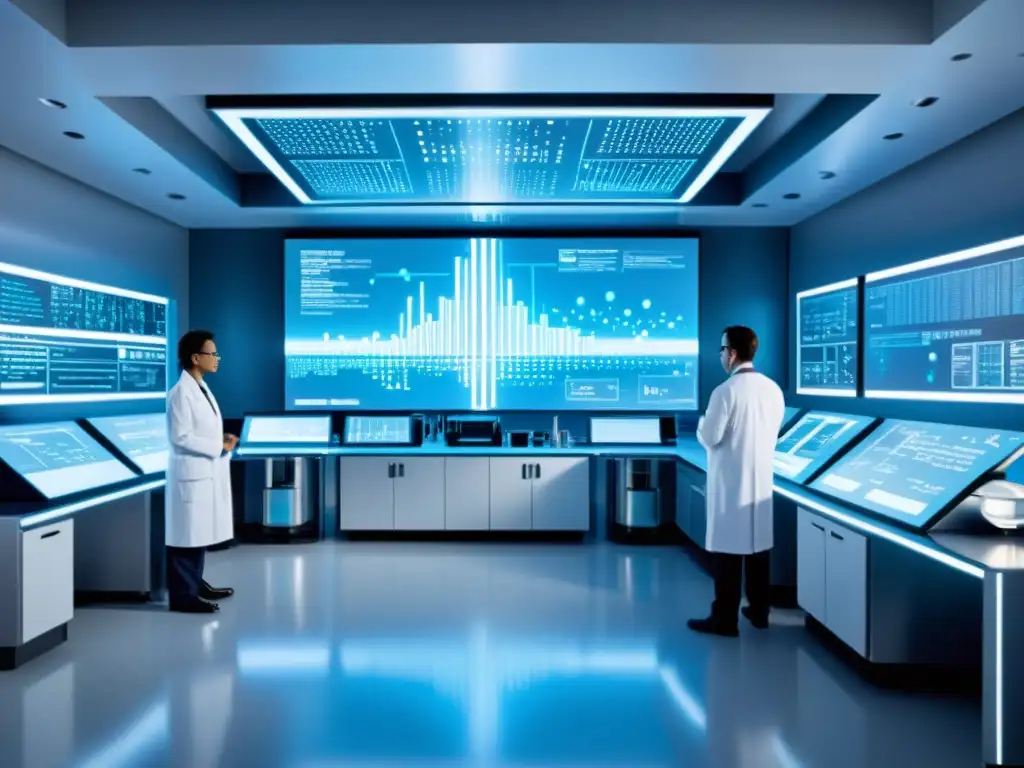 Avanzado laboratorio futurista con científicos y tecnología de vanguardia Un laboratorio futurista con científicos estudiando física cuántica en cómics alternativos