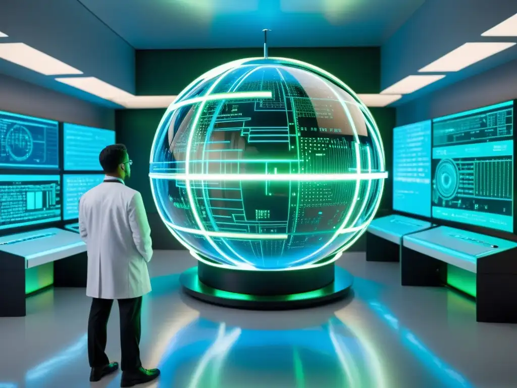 Portal interdimensional: descubrimiento científico Un laboratorio futurista con científicos y una máquina del tiempo, rodeados de hologramas y una energética portal