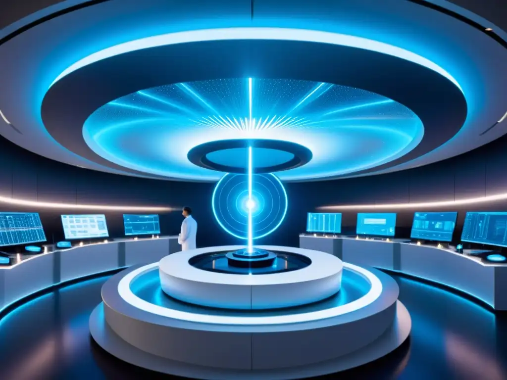 Experimentos de desplazamiento temporal en laboratorio futurista Un laboratorio futurista con científicos, maquinaria avanzada y un portal brillante, evocando desplazamientos temporales en mecánica cuántica