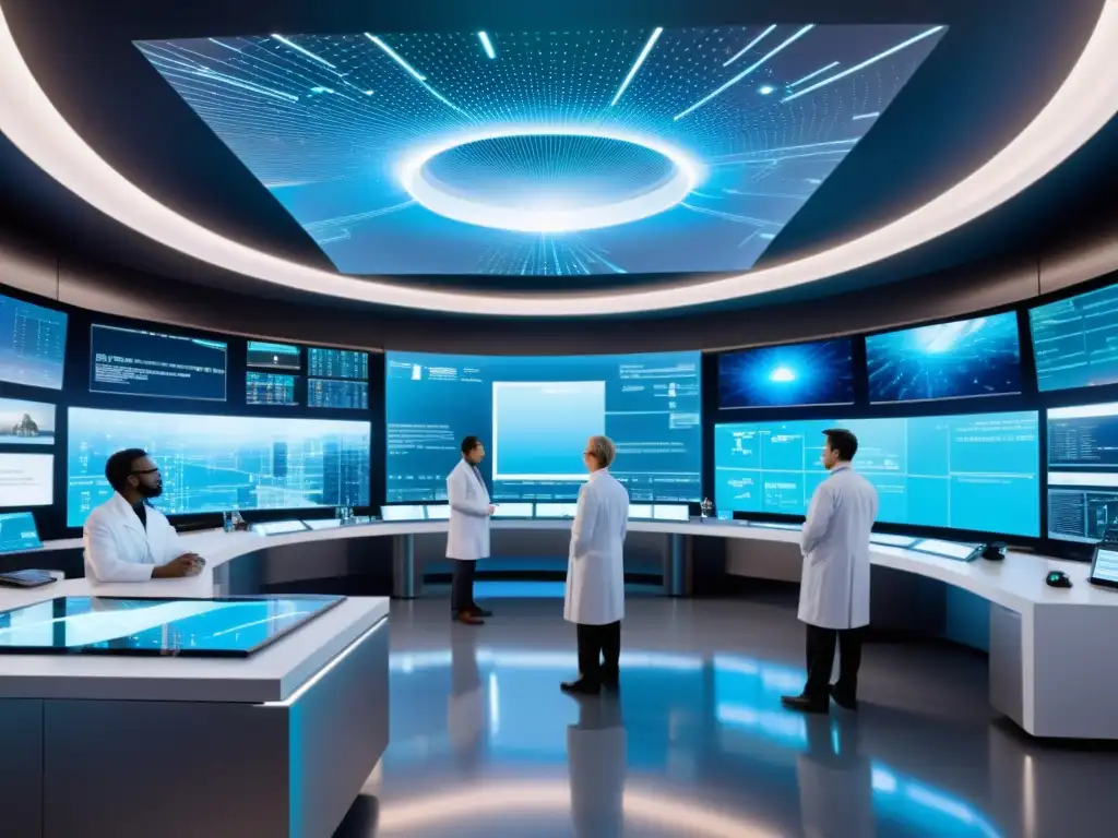 Equipo de científicos en laboratorio futurista Un laboratorio futurista con científicos estudiando teorías de universos paralelos Everett, rodeados de tecnología avanzada y una metrópolis fuera