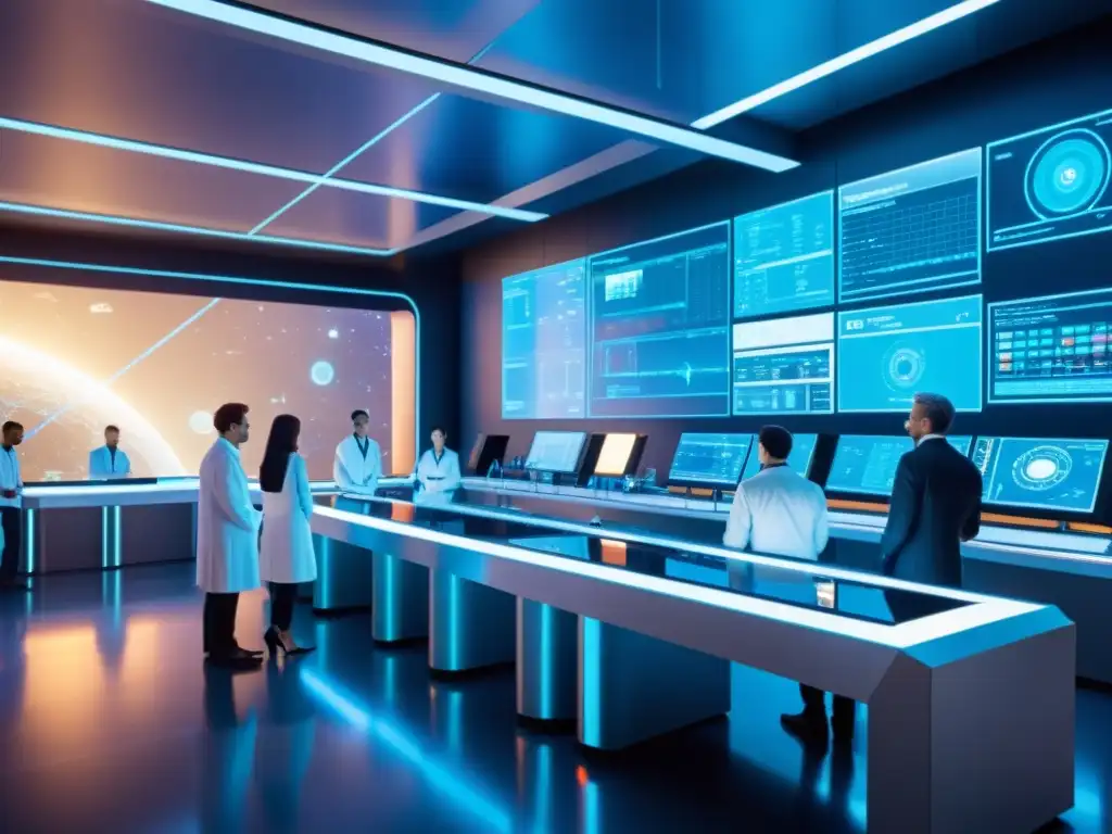Laboratorio futurista para comunicación intertemporal 'Un laboratorio futurista con tecnología avanzada y científicos analizando la comunicación intertemporal y universos paralelos
