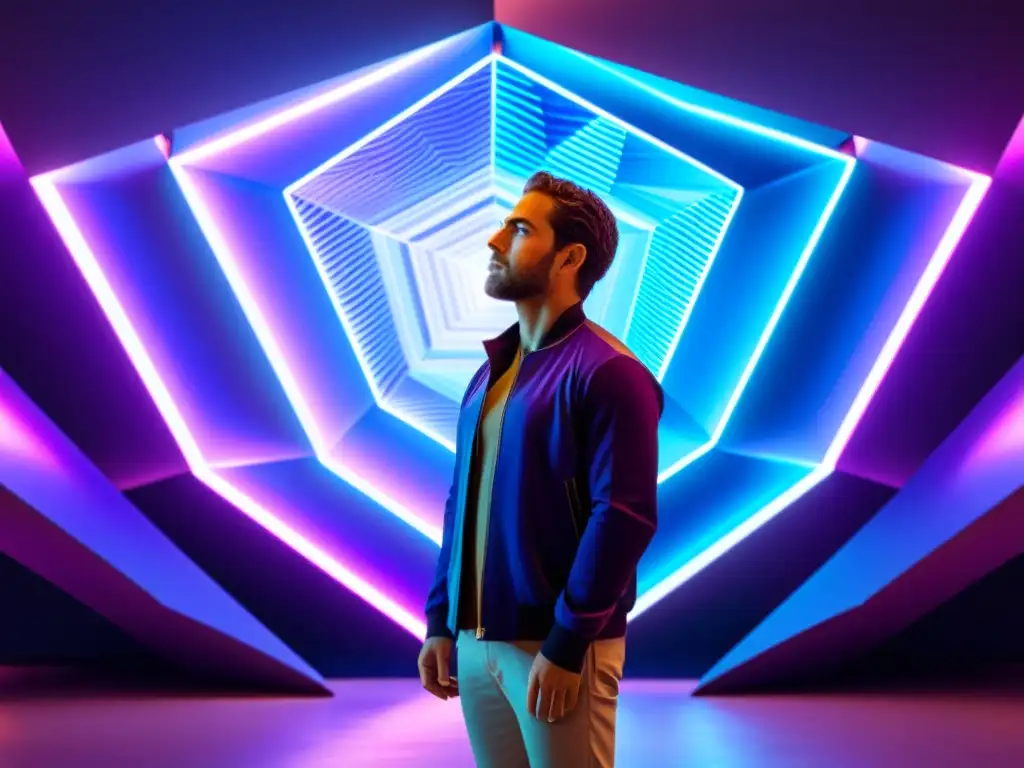 Garrett Lisi frente a una estructura interdimensional Garrett Lisi reflexiona frente a una estructura geométrica interdimensional, rodeado de energía iridiscente
