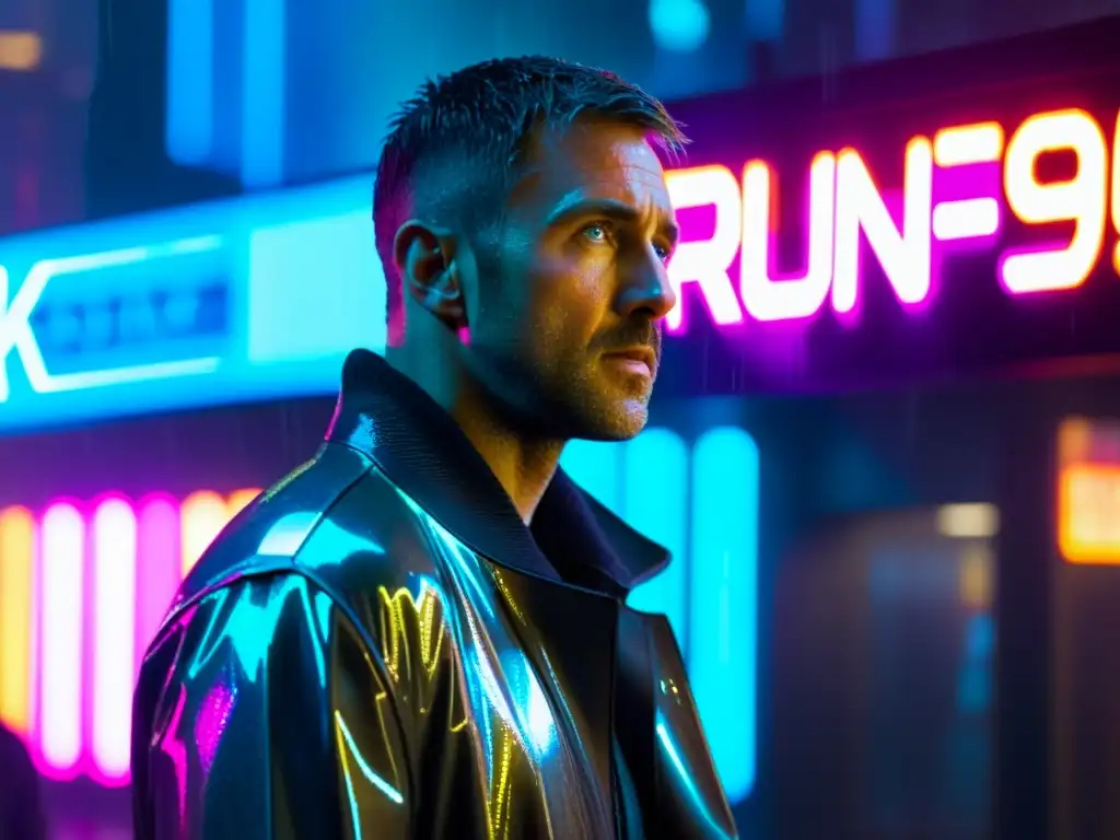 Imagen impactante de K de Blade Runner 2049 en la lluvia K de 'Blade Runner 2049' en la lluvia con anuncios holográficos, reflejando la atmósfera futurista y su lucha por la identidad en Blade Runner 2049