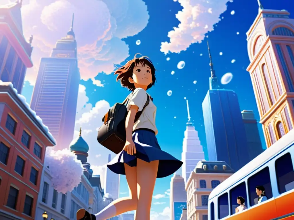 Salto en el Tiempo: Makoto Konno en Ciudad Congelada Makoto Konno, protagonista de 'La Chica que Saltaba a Través del Tiempo', en una ciudad congelada, saltando entre partículas de viaje en el tiempo