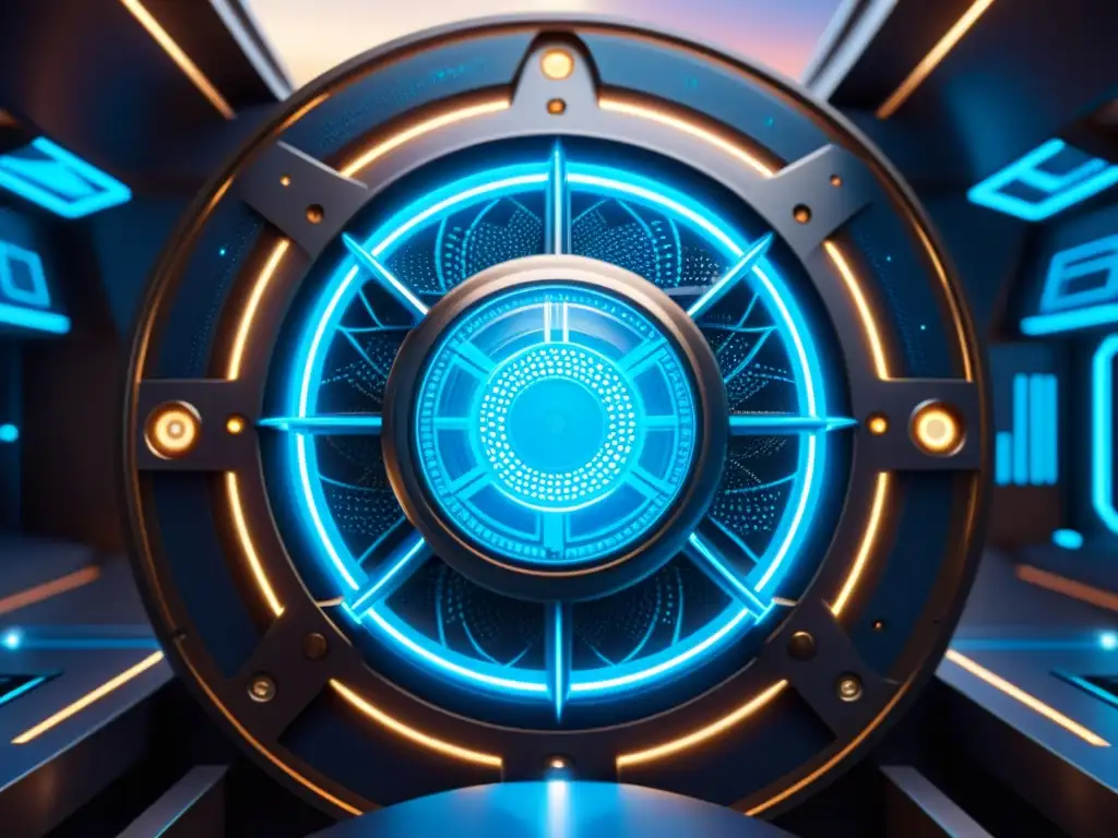 Viaje interdimensional: Máquina futurista y portales Una máquina futurista con energía azul y patrones geométricos, que sugiere viajes interdimensionales, física y matemáticas avanzadas