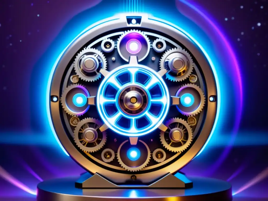 Maquinaria futurista interdimensional Una máquina futurista intrincada con luces azules y moradas, rodeada de energía y chispas, evocando la lógica interdimensional de Rudolf Carnap