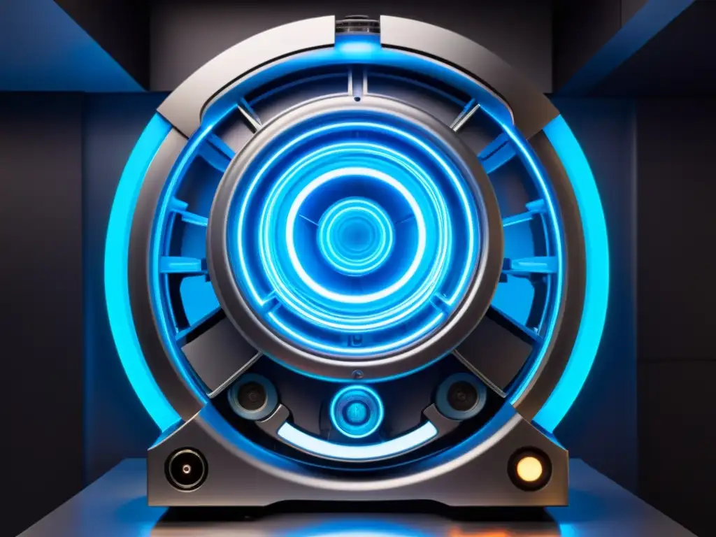 Máquina futurista con energía en espiral Una máquina futurista con luces neón pulsantes y un vórtice de energía en el centro, rodeada por un aura azul tenue