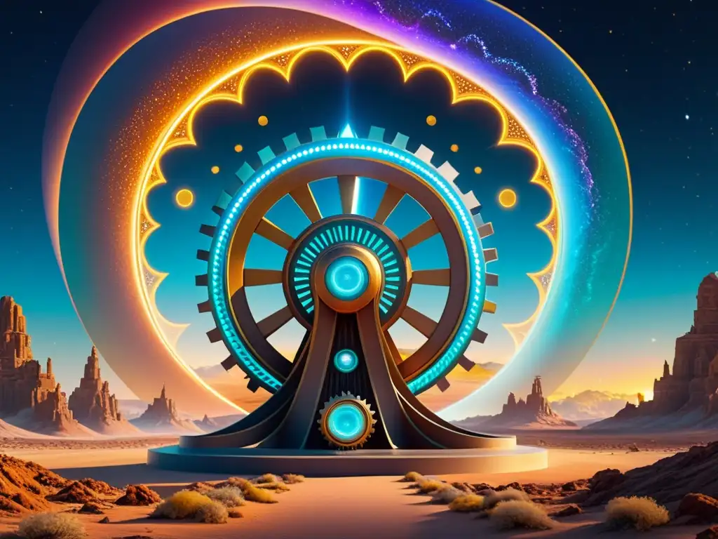 Portal interdimensional en paisaje alienígena: luces y energía Una máquina intrincada rodeada de energía y vortexes, en un paisaje otro mundo